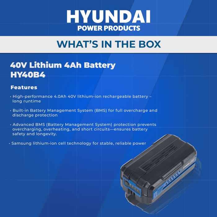 Hyundai 40V 4.0Ah Lithium Battery – Samsung Cells, LED Indicator, BMS Protected (HY40B4)