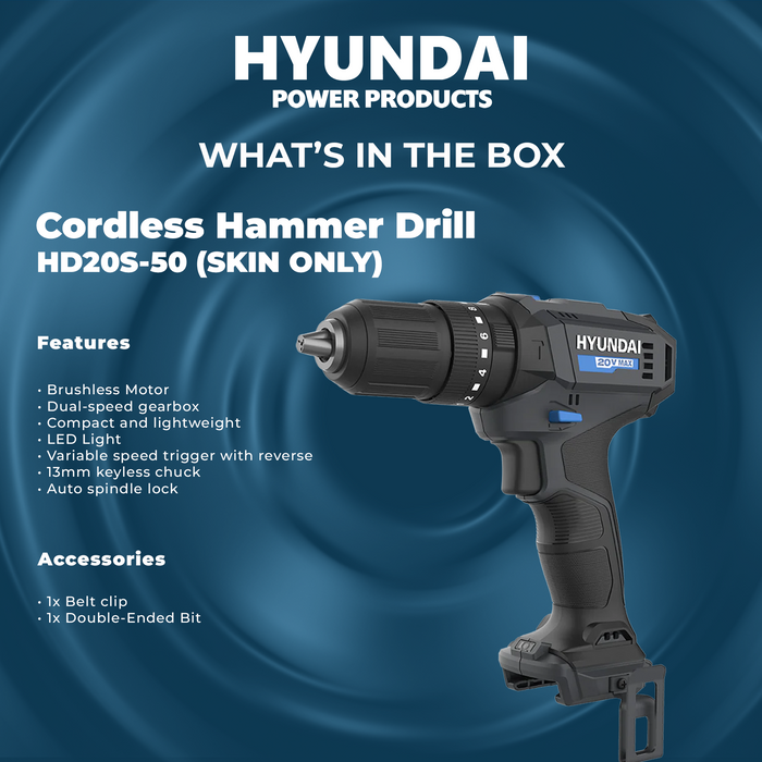 Hyundai 20V Cordless Hammer Drill – 2-Speed, 50Nm Torque, LED - SKIN ONLY (HD20S-50)