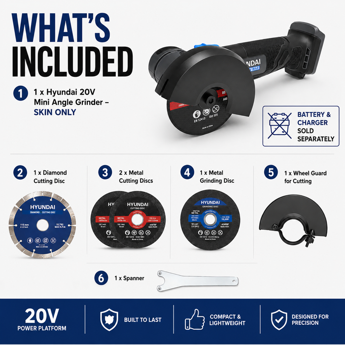 Hyundai 20V Mini Angle Grinder – 19500rpm, 76mm Disc, Tool-Free Guard - Skin Only