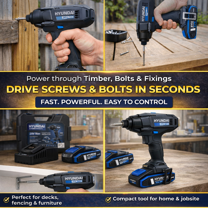 Hyundai 20V Cordless Impact Driver Kit – 180Nm Torque, LED, 2 x 2Ah Battery, 1 x Charger, 1 x Hard Case