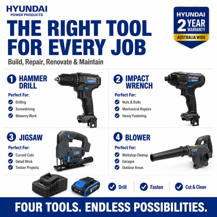 Hyundai 20V Ultimate DIY Combo Kit - Hammer Drill, Impact Driver, Jig Saw & Blower + 1 x 2Amp Battery and Charger = Home Renovation Kit