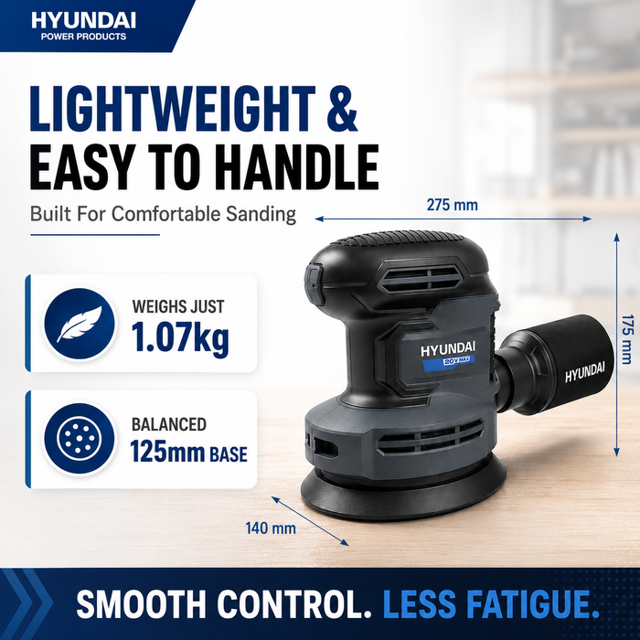 Hyundai 20V Cordless Orbital Sander Kit – 125mm Variable Speed + 2.0Ah Battery & Fast Charger - Wood Sanding, Paint Prep & DIY Renovation