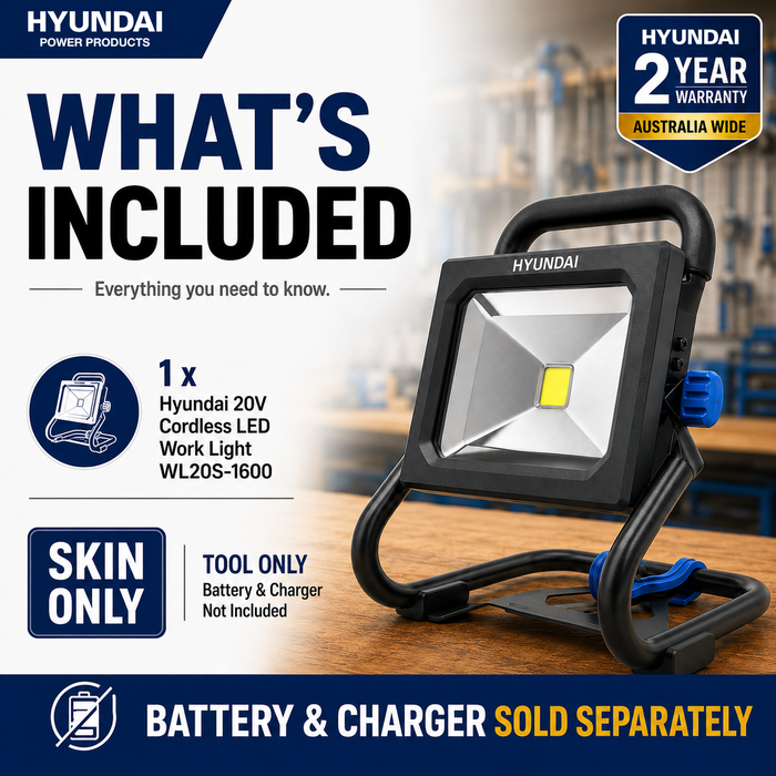Hyundai 20V LED Work Light – 1600 Lumen, 360° Head, Tripod Mountable, 3-Mode Brightness - Skin Only