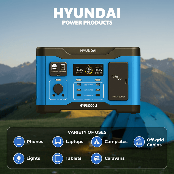Hyundai 1000W Lithium Power Station – LiFePO4, Solar Input, 921Wh Backup & Outdoor Power (HYPS1000)