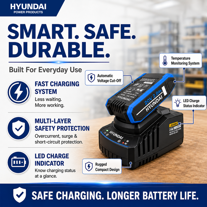 Hyundai 20V 2Ah Lithium-Ion Battery & Charger Kit – for Hyundai 20V Cordless Power Tools - Fast Charging, Compact, Reliable