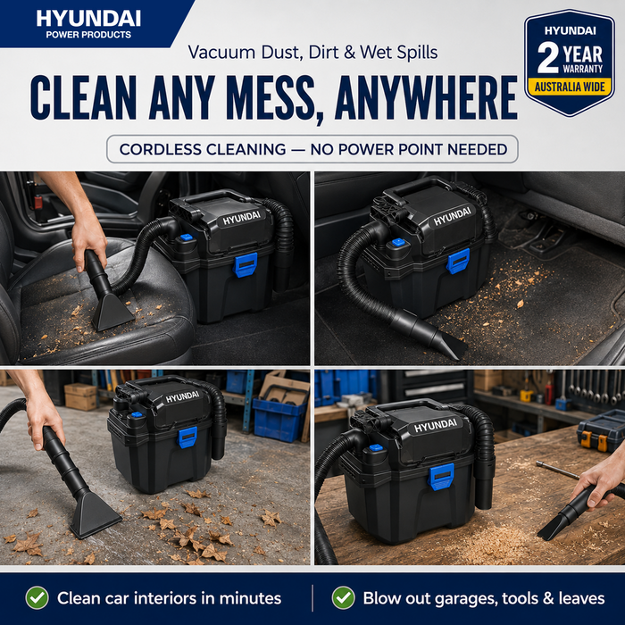 Hyundai 20V Cordless Wet & Dry Vacuum Blower – 10L Tank, HEPA, Compact Toolbox Design – Skin Only