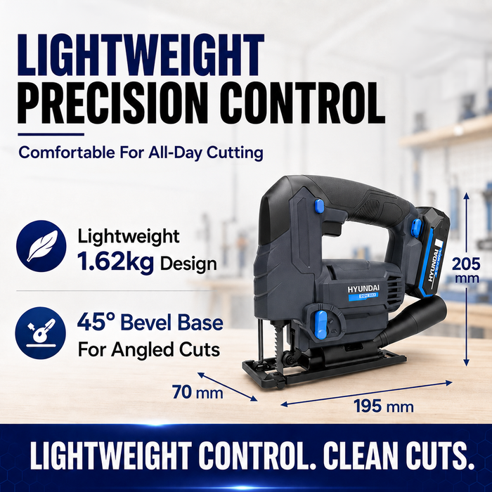 Hyundai 20V Cordless Jig Saw Kit – Battery & Fast Charger Included, 2500 SPM Power Saw, Cuts Wood Plastic & Steel, DIY Renovation Cutting Tool