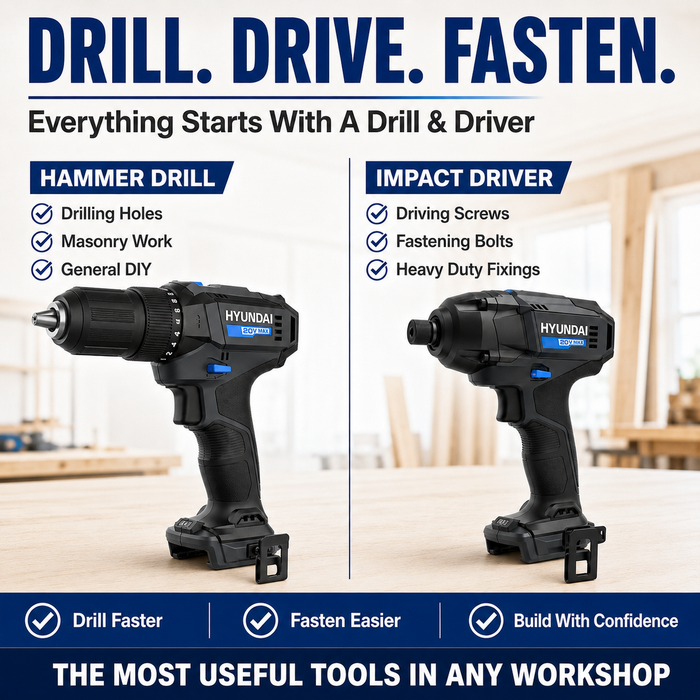 Hyundai 20V DIY & Fastening Combo Kit - Hammer Drill & Impact Driver + 4Amp Battery and Charger - Home Improvement Combo Kit