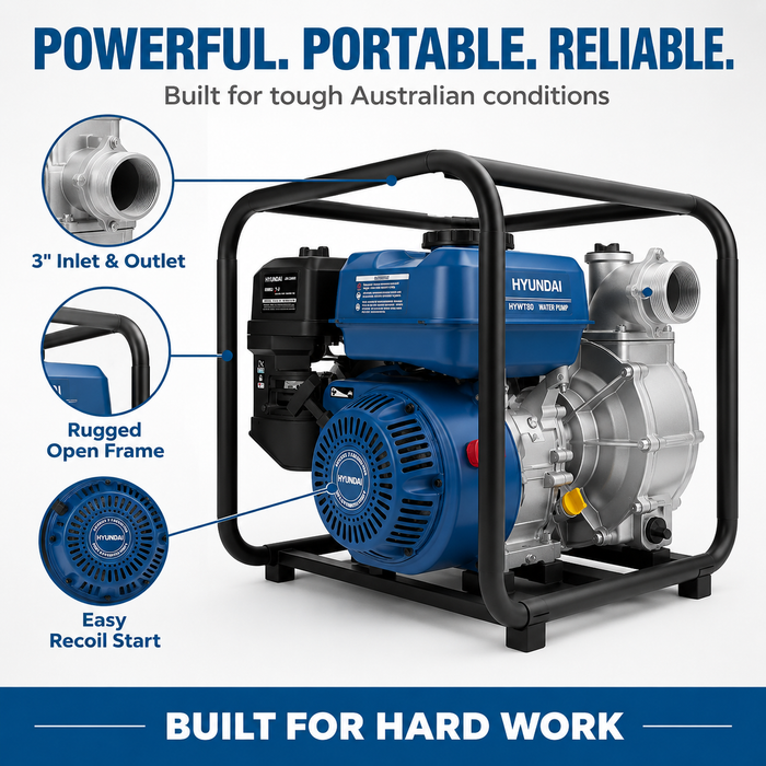 Hyundai  2″ Petrol Water & Trash Transfer Pump - farms, construction sites, irrigation systems, flooded areas, dams, pools, and more