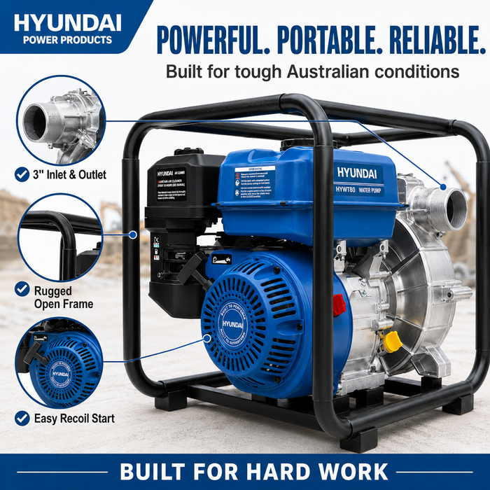 Hyundai 3″ Petrol Water & Trash Transfer Pump for farms, construction sites, irrigation systems, flooded areas, dams, pools, and more