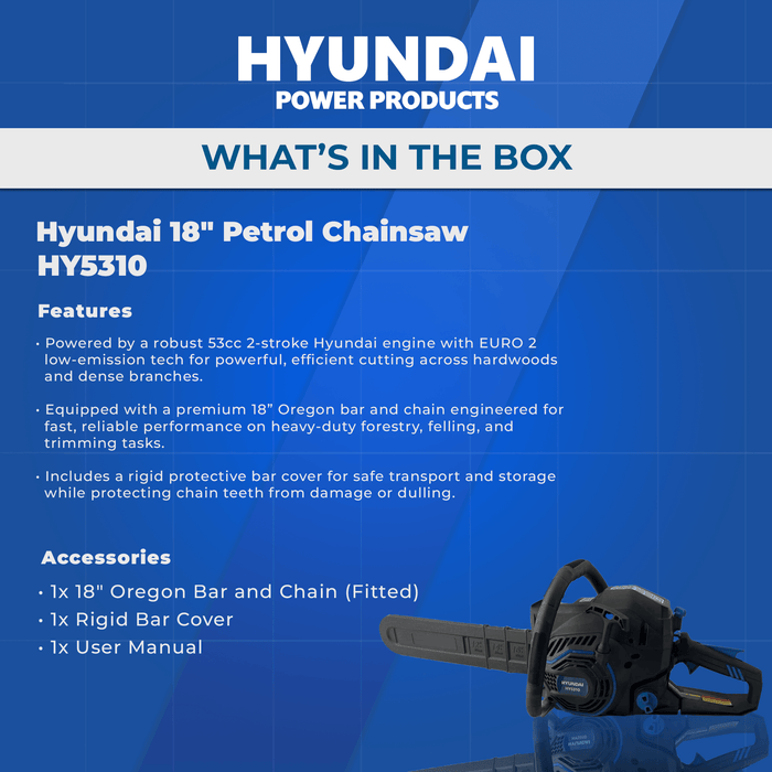 Hyundai 18" Petrol Chainsaw – 53cc 2-Stroke, Oregon Bar, Anti-Vibration, Auto Chain Lube, Kick-Back Protection (HY5310)