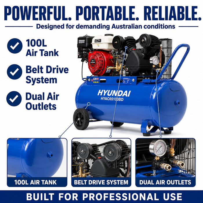 Hyundai 6.5HP Petrol Air Compressor – 100L Tank, 116PSI, Belt Drive, 312L/min, Portable & Heavy-Duty