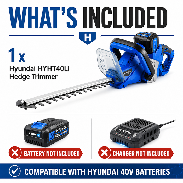 Hyundai 40V Cordless Hedge Trimmer – 520mm Blade, Brushless Motor - Skin Only