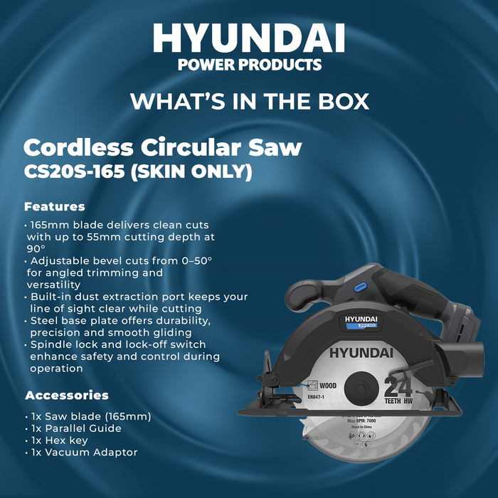 Hyundai 20V Cordless Circular Saw – 165mm Blade, Bevel Cuts, Dust Port – SKIN ONLY (CS20S-165)