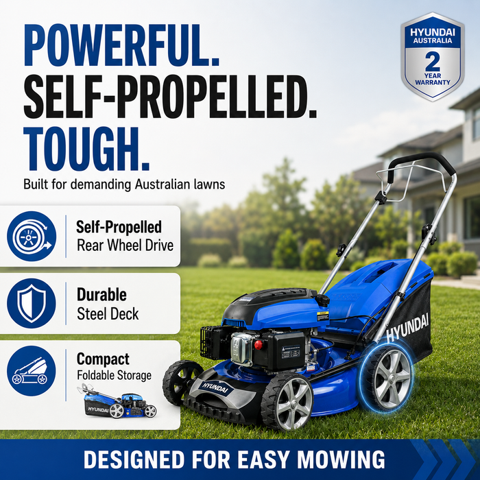 Hyundai 21" Petrol Lawn Mower - Self-Propelled,196cc Engine, Steel Deck, Easy Start, OPC Safety