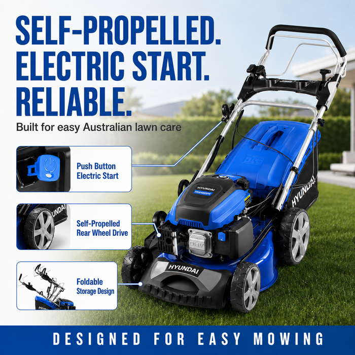 Hyundai 18" Petrol Lawn Mower – Self-Propelled, 139cc, Electric Start, 6 Heights, OPC Safety, Hose Connector