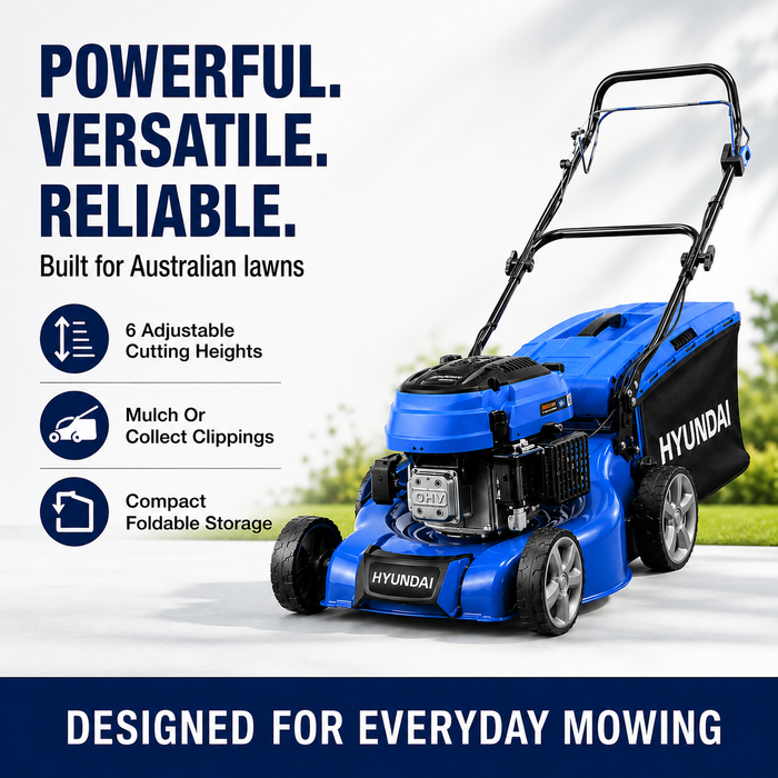 Hyundai 17" Petrol Lawn Mower Push - 145cc Engine, 6 Cutting Heights, Mulching, Compact Foldable Design