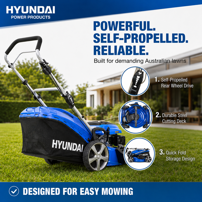 Hyundai 20" Petrol Lawn Mower – Self Propelled, 170cc OHV Engine, Steel Deck, Easy Start, Rear Wheel Drive