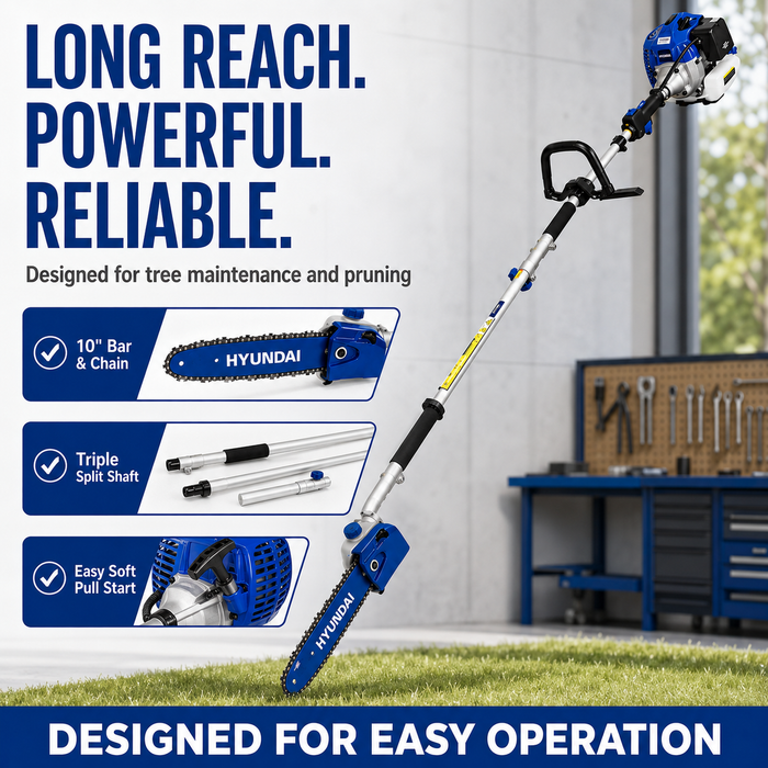 Hyundai 33cc Petrol Pole Chain Saw – 10" Bar, Easy Start, Triple Shaft, 2-Stroke Engine
