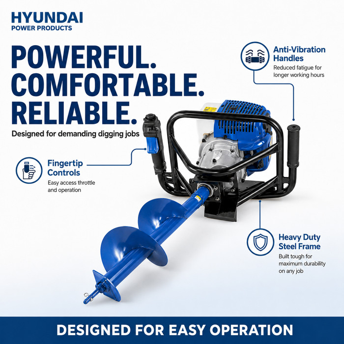 Hyundai 52cc Petrol Earth Auger – 3 Drill Bits, Anti-Vibration Handle, 2-Stroke Engine
