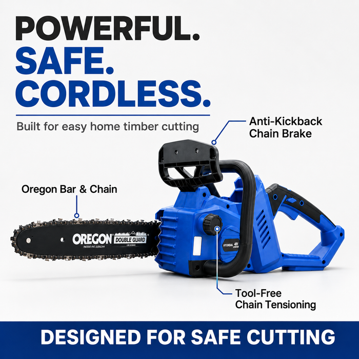 Hyundai 40V Battery Chain Saw Starter Kit– 14" Oregon Bar, 4Ah Battery + Charger, Safe & Eco-Friendly