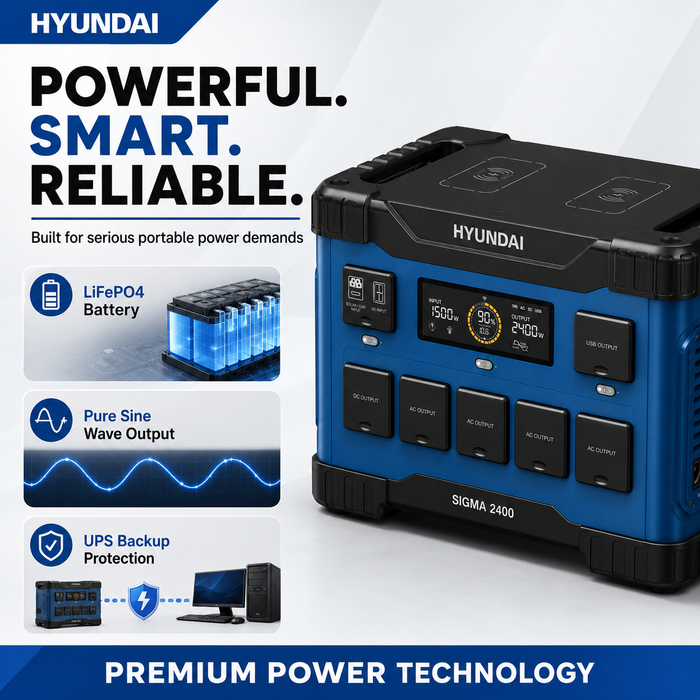 Hyundai 2400W Lithium Power Station – 2150Wh, LiFePO4, Solar/Car/USB Charging