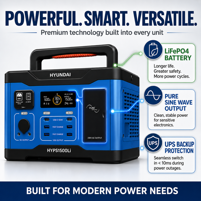 Hyundai 1500W Lithium Power Station – 1152Wh, LiFePO4, Solar/Car/USB Charging