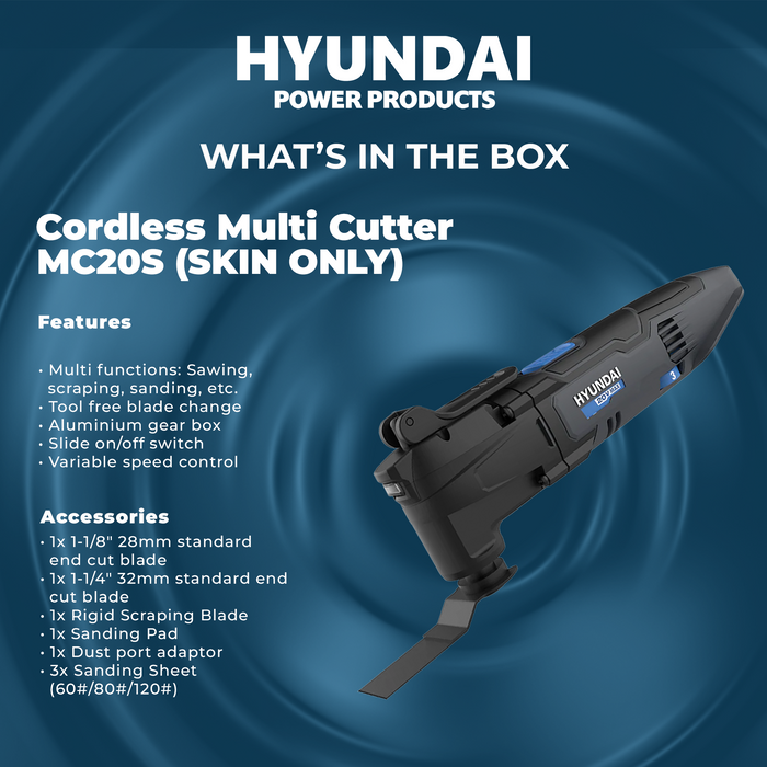 Hyundai 20V Cordless Multi Cutter – Oscillating Tool for Cutting, Scraping, Sanding – SKIN ONLY (MC20S)