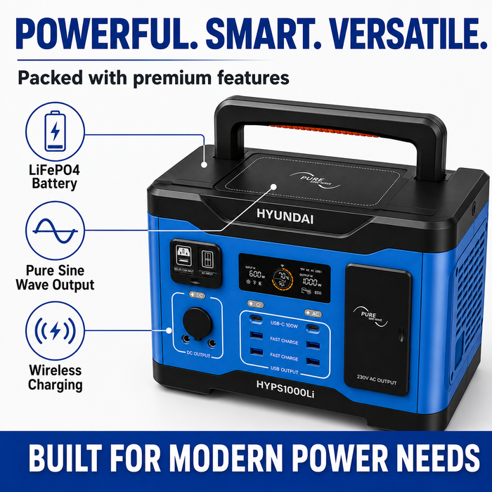 Hyundai 1000W Lithium Power Station – LiFePO4, Solar Input, 921Wh Backup & Outdoor Power