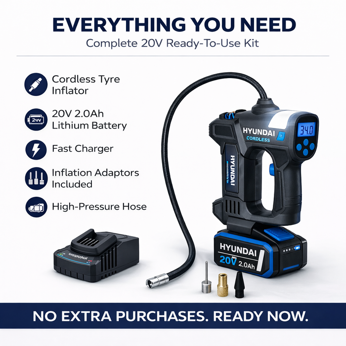 Hyundai 20V Cordless Tyre Inflator Kit – 150 PSI Portable Air Compressor + 2.0Ah Battery & Fast Charger | Car, Bike, 4WD, Camping & Emergency Tyre Pump (IF20S / B120-2 / C202-2)