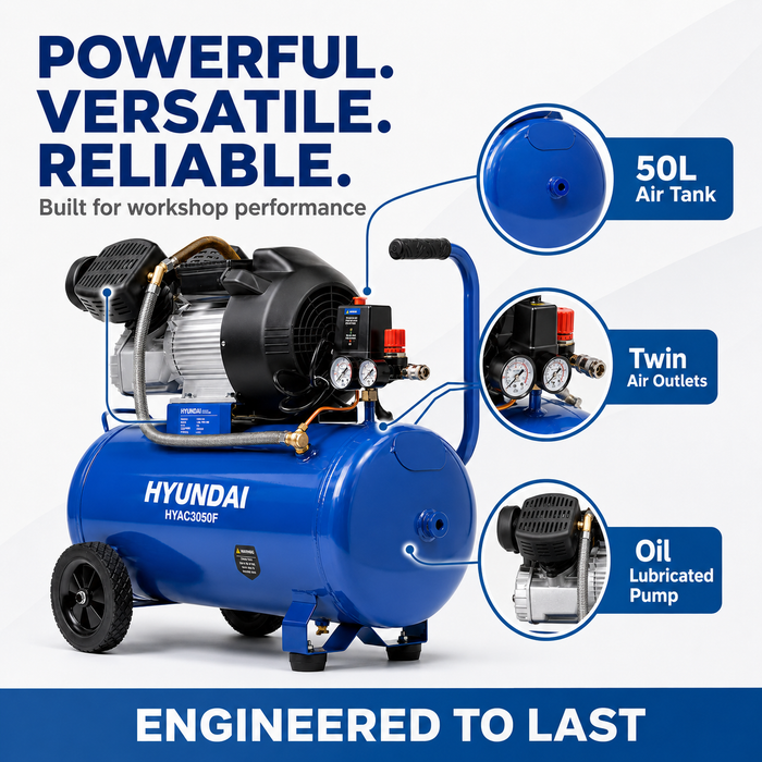 Hyundai 3HP 50L Portable Air Compressor – Direct Drive, Twin Outlet, 12.6CFM, Oil-Lubricated