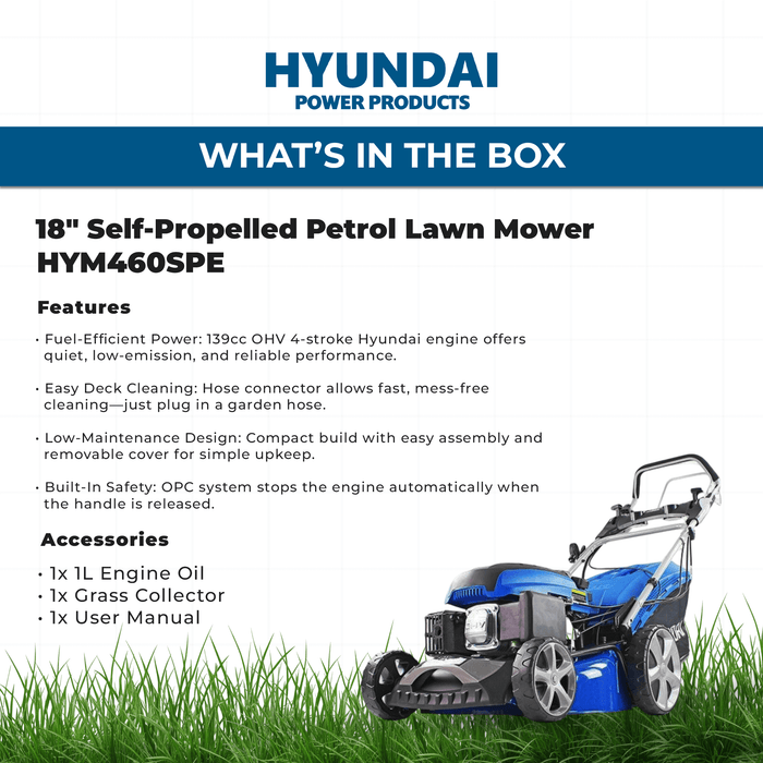 Hyundai 18" Self-Propelled Petrol Lawn Mower – 139cc, Electric Start, 6 Heights, OPC Safety, Hose Connector (HYM460SPE)