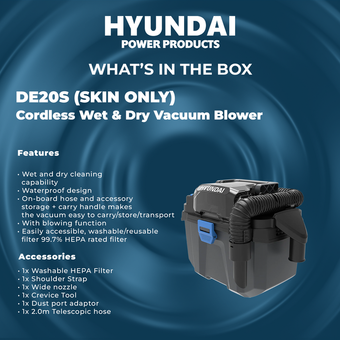 Hyundai 20V Cordless Wet & Dry Vacuum Blower – 10L Tank, HEPA, Compact Toolbox Design – SKIN ONLY (DE20S)