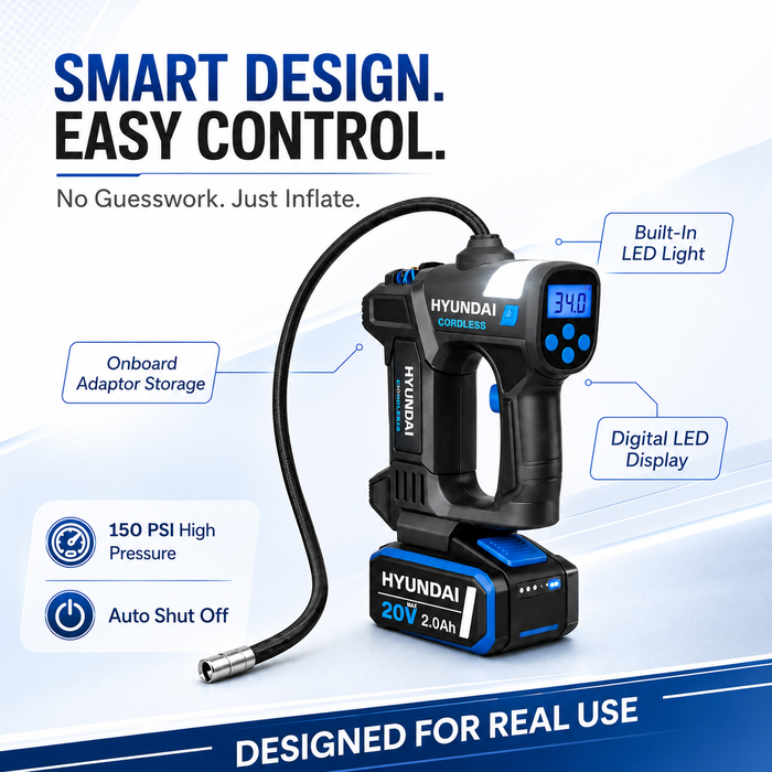 Hyundai 20V Cordless Tyre Inflator Kit – 150 PSI Digital Air Compressor, 2.0Ah Battery &amp; Fast Charger Included – Portable Car, Bike &amp; Camping Inflator