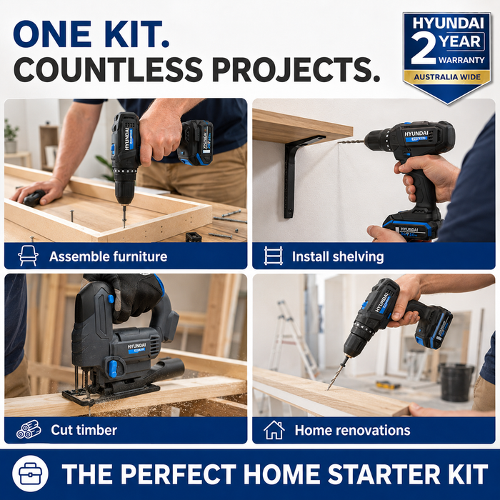 Hyundai 20V Home DIY Starter Kit – Hammer Drill, Jigsaw, 2.0Ah Battery & Fast Charger – Complete Cordless Renovation Kit
