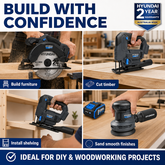 Hyundai 20V Woodworking Kit – Circular Saw, Jigsaw, Orbital Sander, 4.0Ah Battery & Fast Charger – Complete Cordless Carpentry Kit