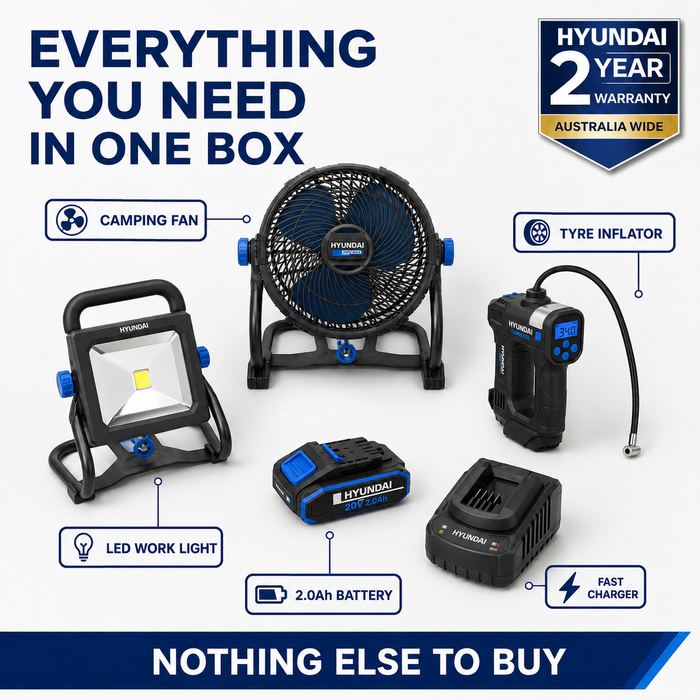 Hyundai 20V Outdoor Power Kit – Fan, LED Work Light, Tyre Inflator, 2.0Ah Battery & Fast Charger – Portable Outdoor Power Kit