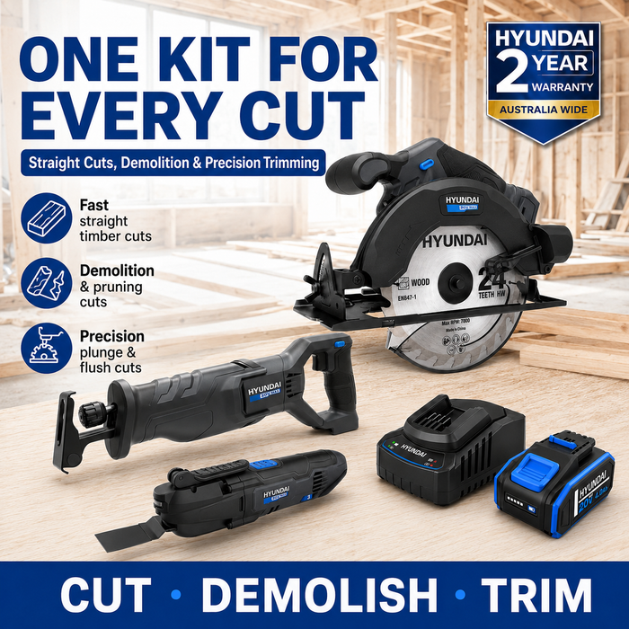 Hyundai 20V Cutting Kit – Circular Saw, Reciprocating Saw, Multi Tool, 4.0Ah Battery & Fast Charger – Complete Cordless Cutting Kit