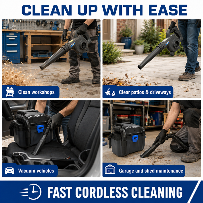 Hyundai 20V Outdoor Cleaning Kit – Workshop Blower, Vacuum, 2.0Ah Battery & Fast Charger – Cordless Garage & Workshop Cleaning Kit