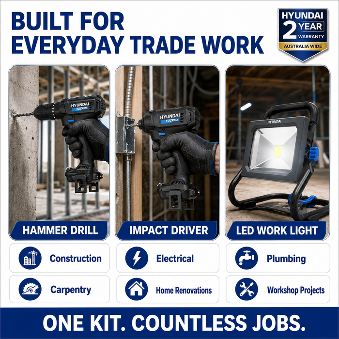 Hyundai 20V Trade Apprentice Kit – Hammer Drill, Impact Driver, LED Work Light, 2.0Ah Battery & Fast Charger – Complete Cordless Starter Kit