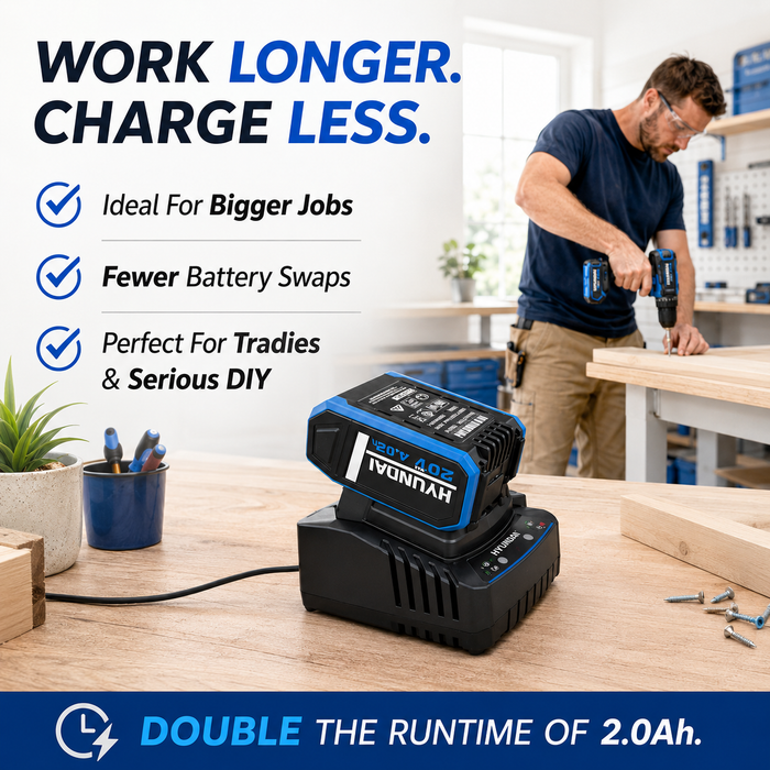 Hyundai 20V 4Ah Lithium-Ion Battery & Charger Kit – for Hyundai 20V Cordless Power Tools - Fast Charging, Compact, Reliable