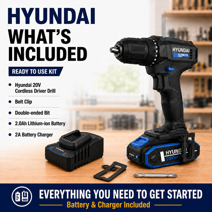 Hyundai 20V 40Nm Cordless Driver Drill, 2Ah Battery and Charger Kit, 2-Speed, LED Light, 13 mm Chuck