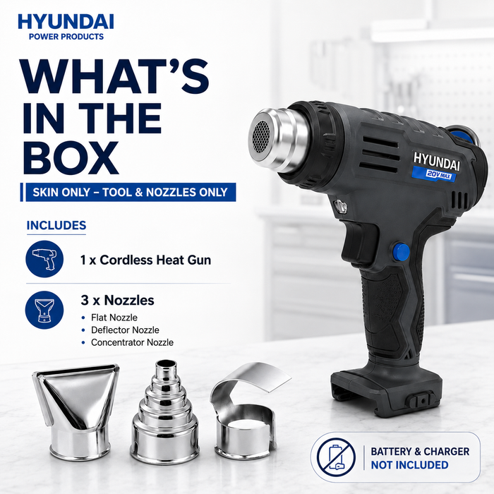 Hyundai 20V Cordless Heat Gun – 2 Temp Settings (350°C/550°C), Auto Cooldown, Lock-On Switch – Skin Only