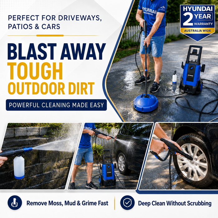 Hyundai 1958 PSI Electric Pressure Washer – 1800W Power Cleaner for Cars, Driveways & Patios, Turbo Nozzles + Patio Cleaner Kit