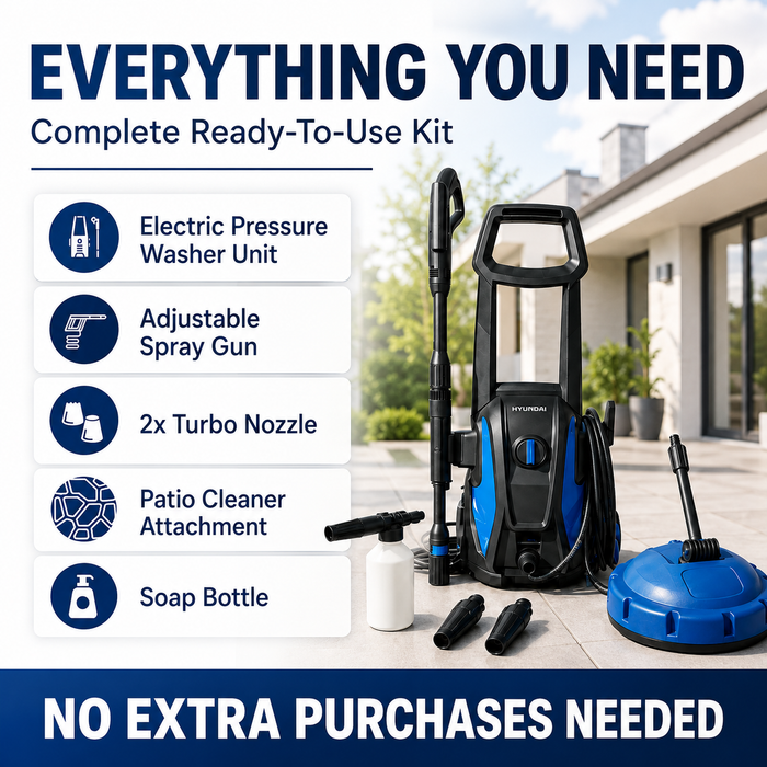 Hyundai 1595 PSI Electric Pressure Washer – 1500W, Patio Cleaner, Turbo Nozzle