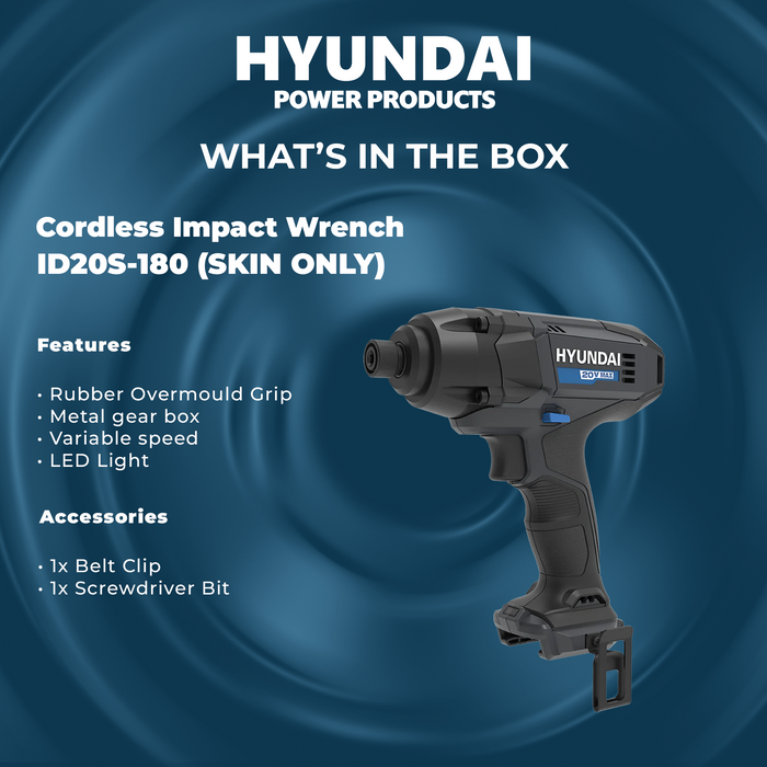 Hyundai 20V Cordless Impact Wrench – 180Nm Torque, 3000ipm, LED Light, Variable Speed - SKIN ONLY (ID20S-180)