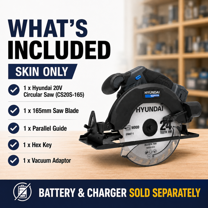 Hyundai 20V Cordless Circular Saw – 165mm Blade, Bevel Cuts, Dust Port – Skin Only