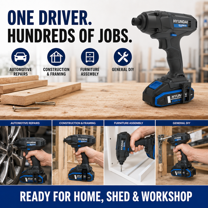 Hyundai 20V Cordless Impact Driver – 180Nm Torque, 3000ipm, LED Light, Variable Speed - Skin Only