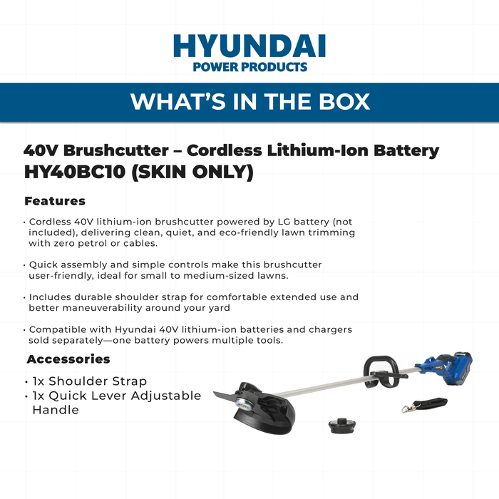 Hyundai 40V Brushcutter – Cordless Lithium-Ion Battery Powered, 250mm Cutting Diameter, Shoulder Strap Included - SKIN ONLY (HY40BC10)