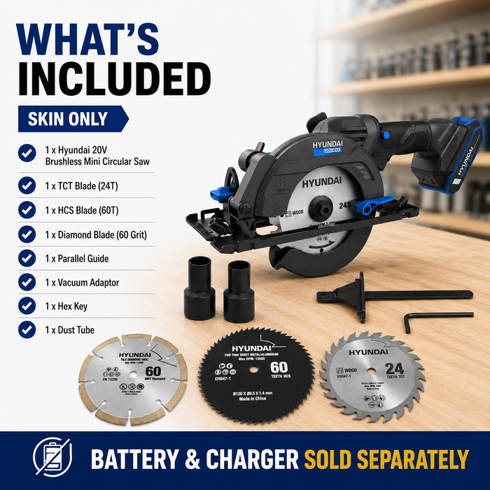 Hyundai 20V Brushless Mini Circular Saw – 120mm Blade, 41mm Cut Depth - Skin Only